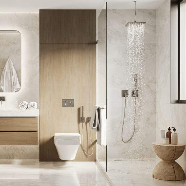 3d modern bathroom with wooden and white marble details