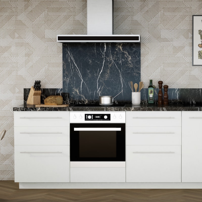 vue 3d cuisine blanche avec crédence marbre noir
